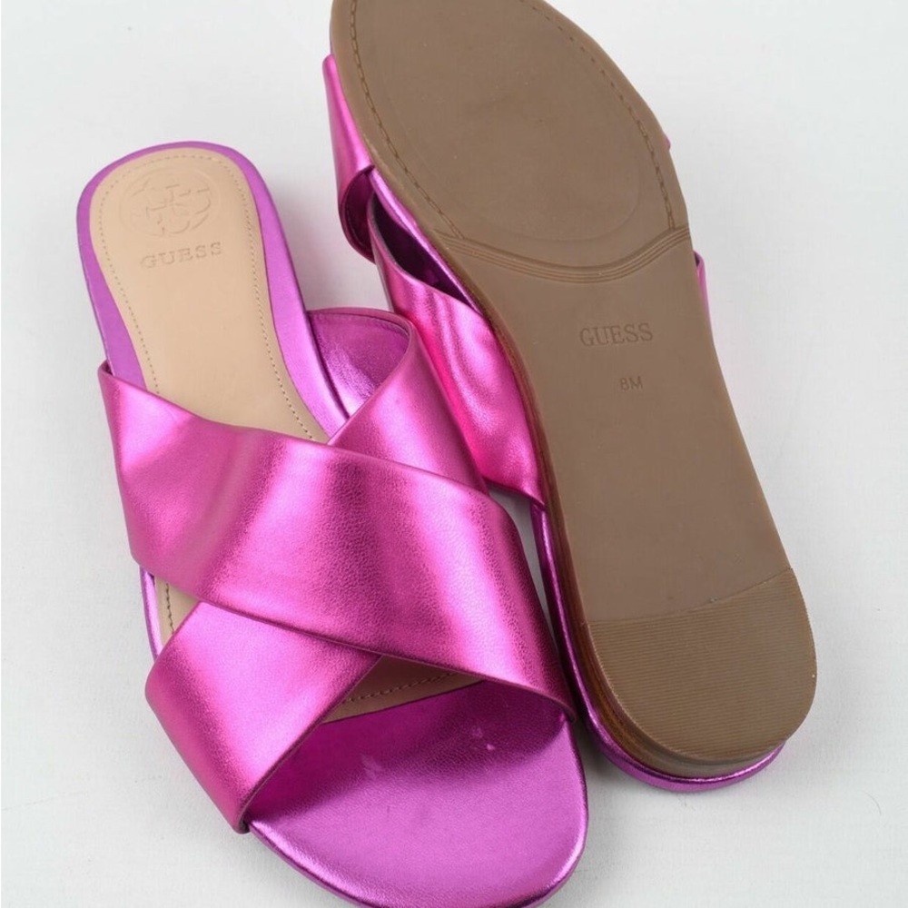 GUESS Women's Metallic Pink Cross Strap Sliders Sandals